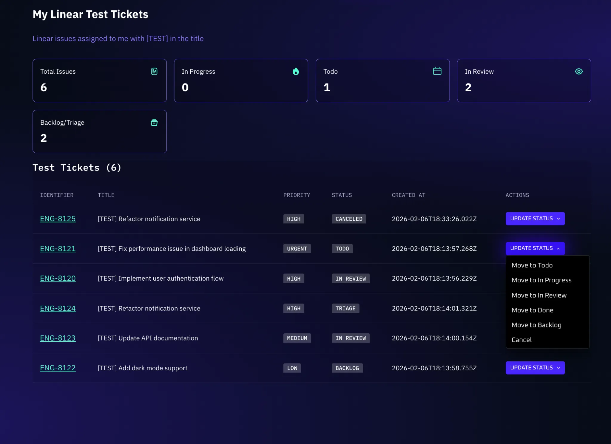 Selecting "Move to Done" from the status change dropdown on a ticket