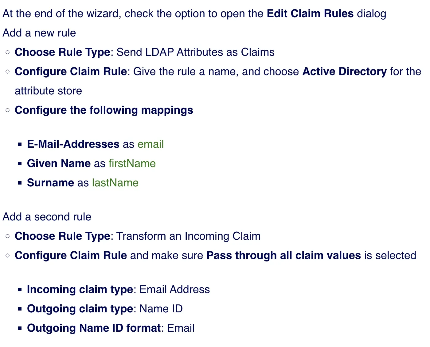 ADFS claim rule mappings (LDAP attributes → SAML claims)