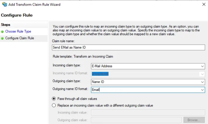 ADFS transform claim rule wizard (E-Mail Address → Name ID)