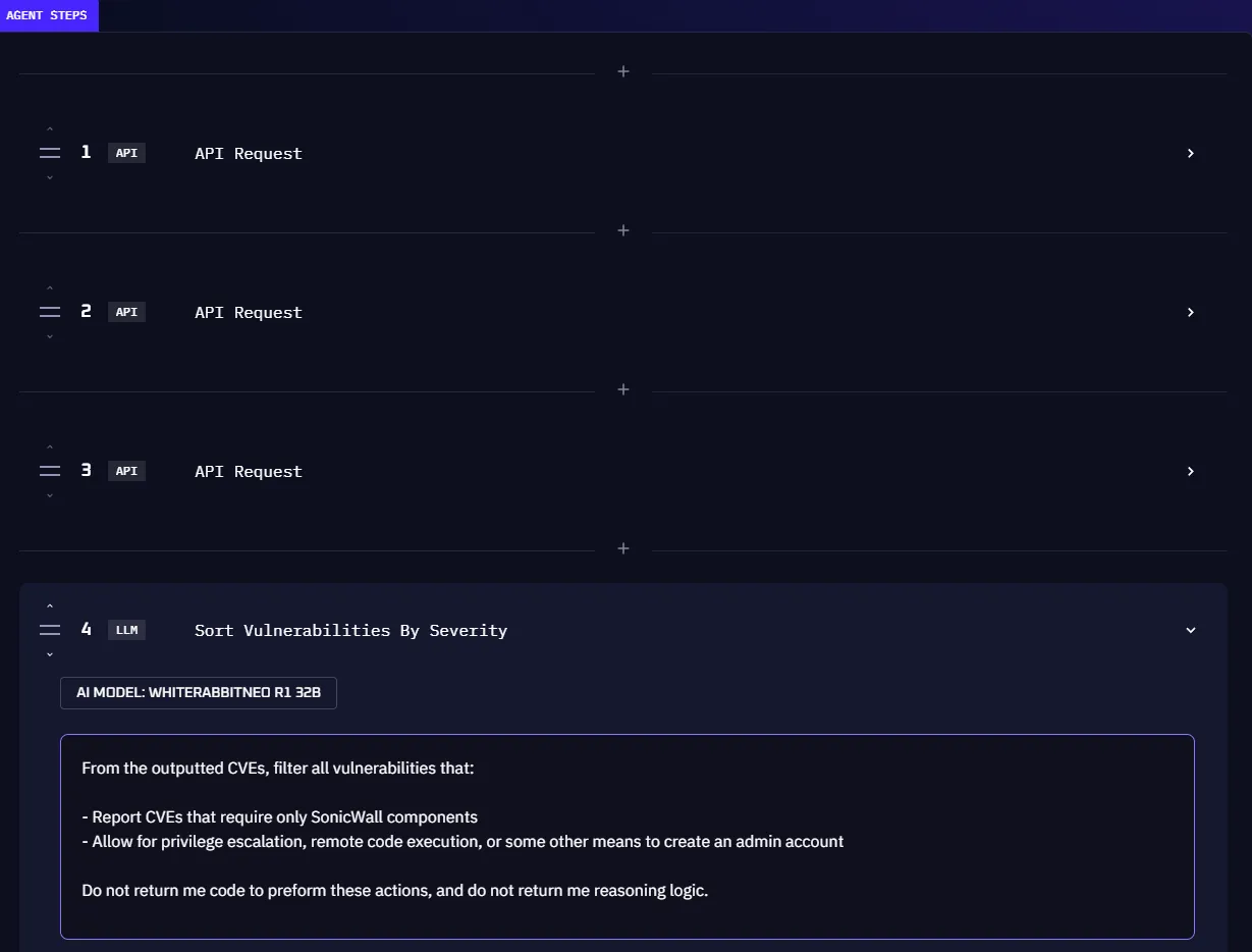 Agent steps showing API requests and an LLM step for sorting vulnerabilities by severity
