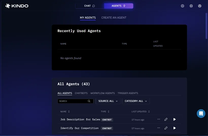 The Agents screen showing available agents with edit, run, share, and delete options