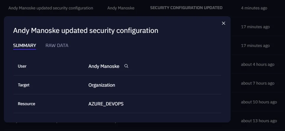 Audit log with filters applied for user and activity type