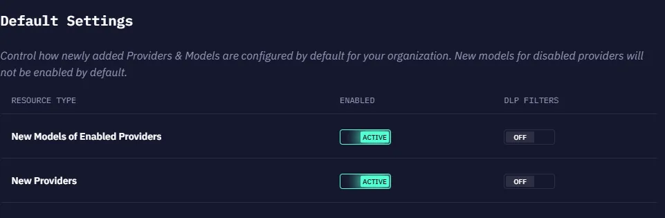 Default settings for new provider and new model behavior