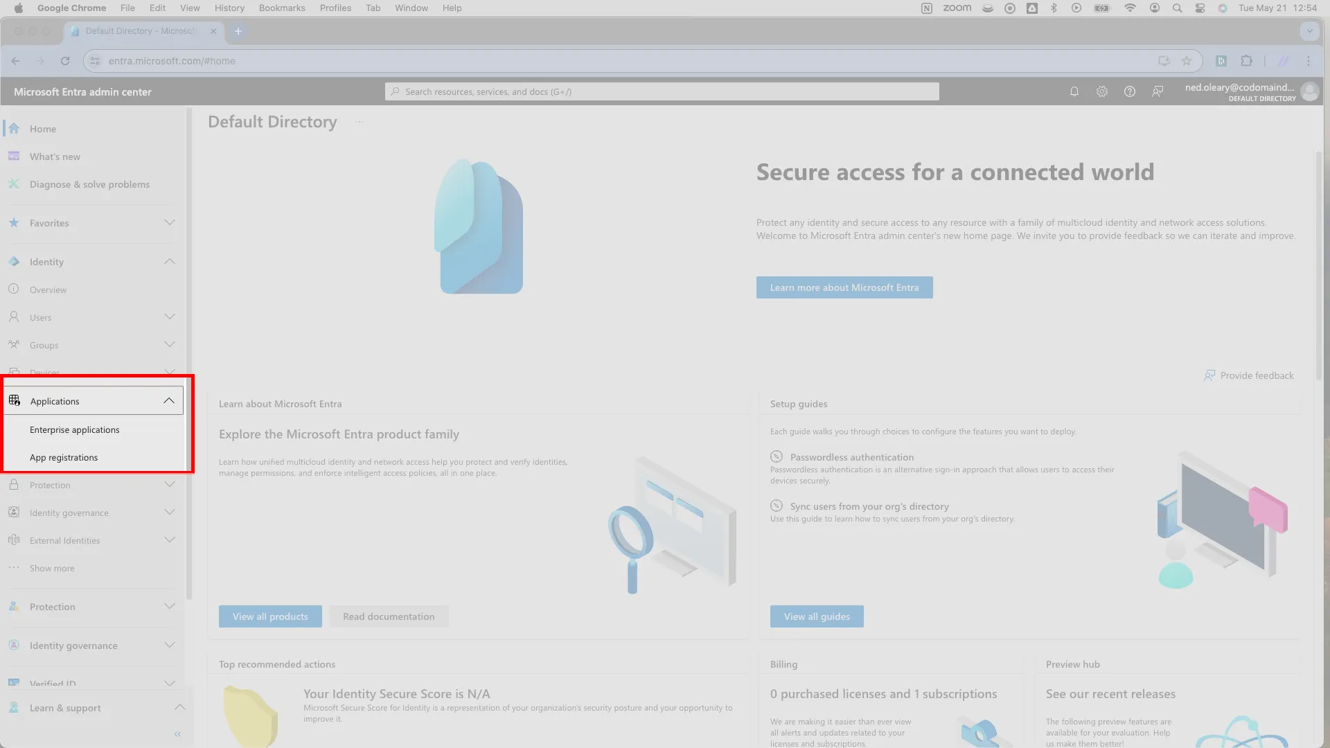 Entra left sidebar with Applications > Enterprise applications highlighted