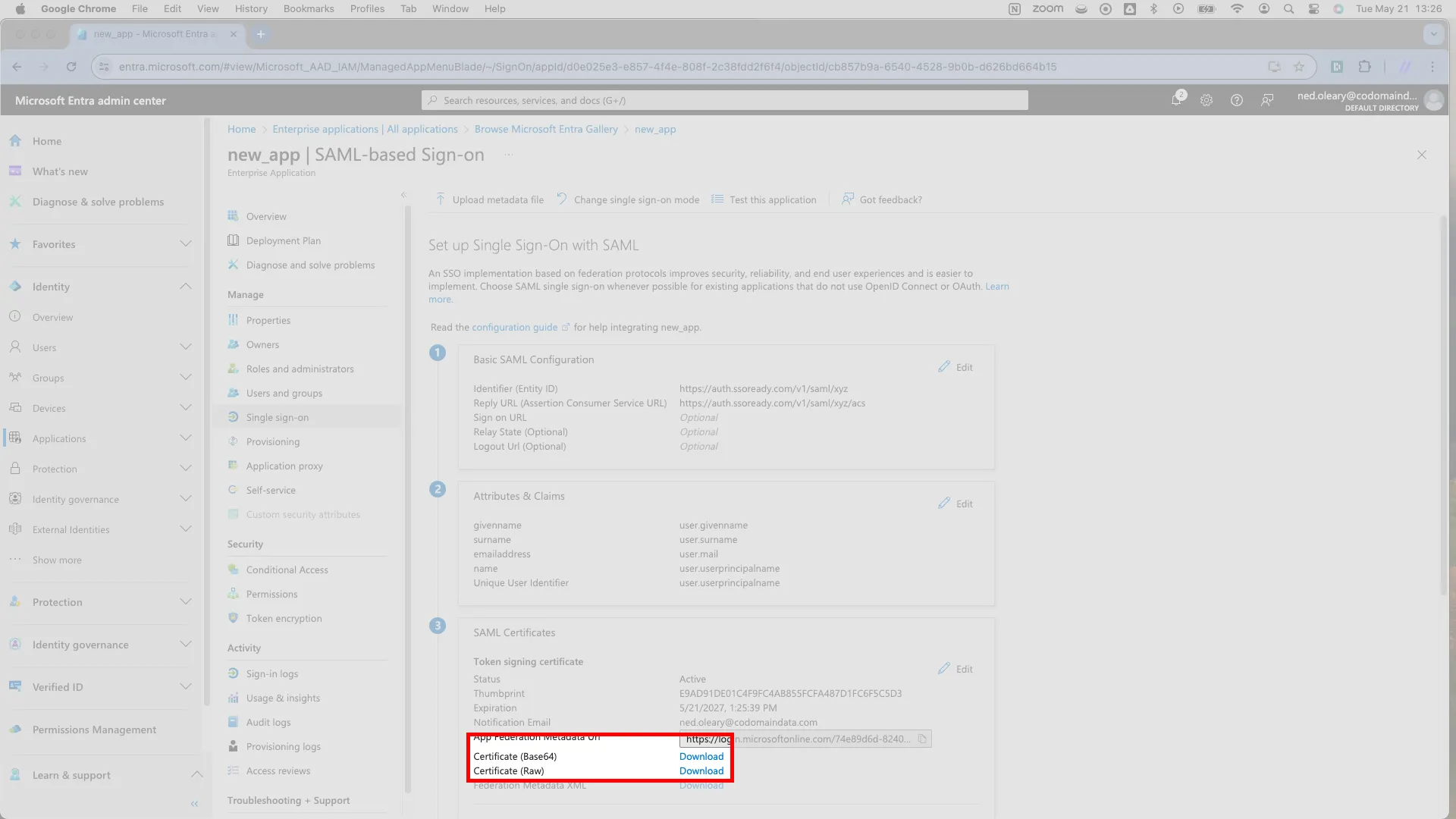 SAML Certificates card with the Certificate (Base64) download link