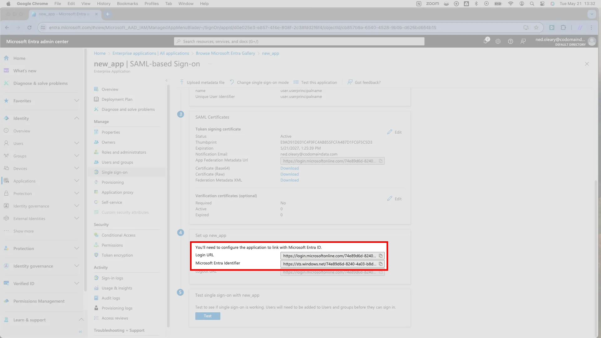 Set up card showing the Microsoft Entra Identifier and Login URL fields