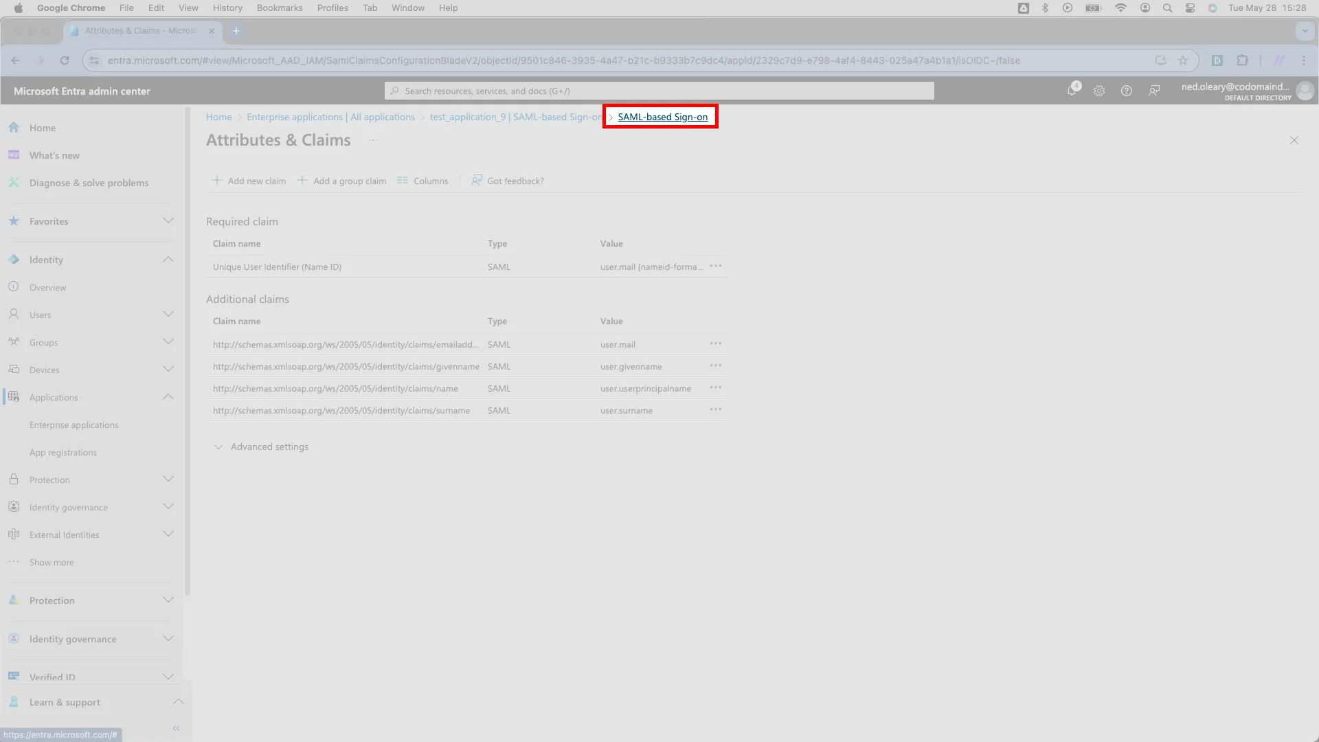 SAML-based Sign-on configuration page in Entra