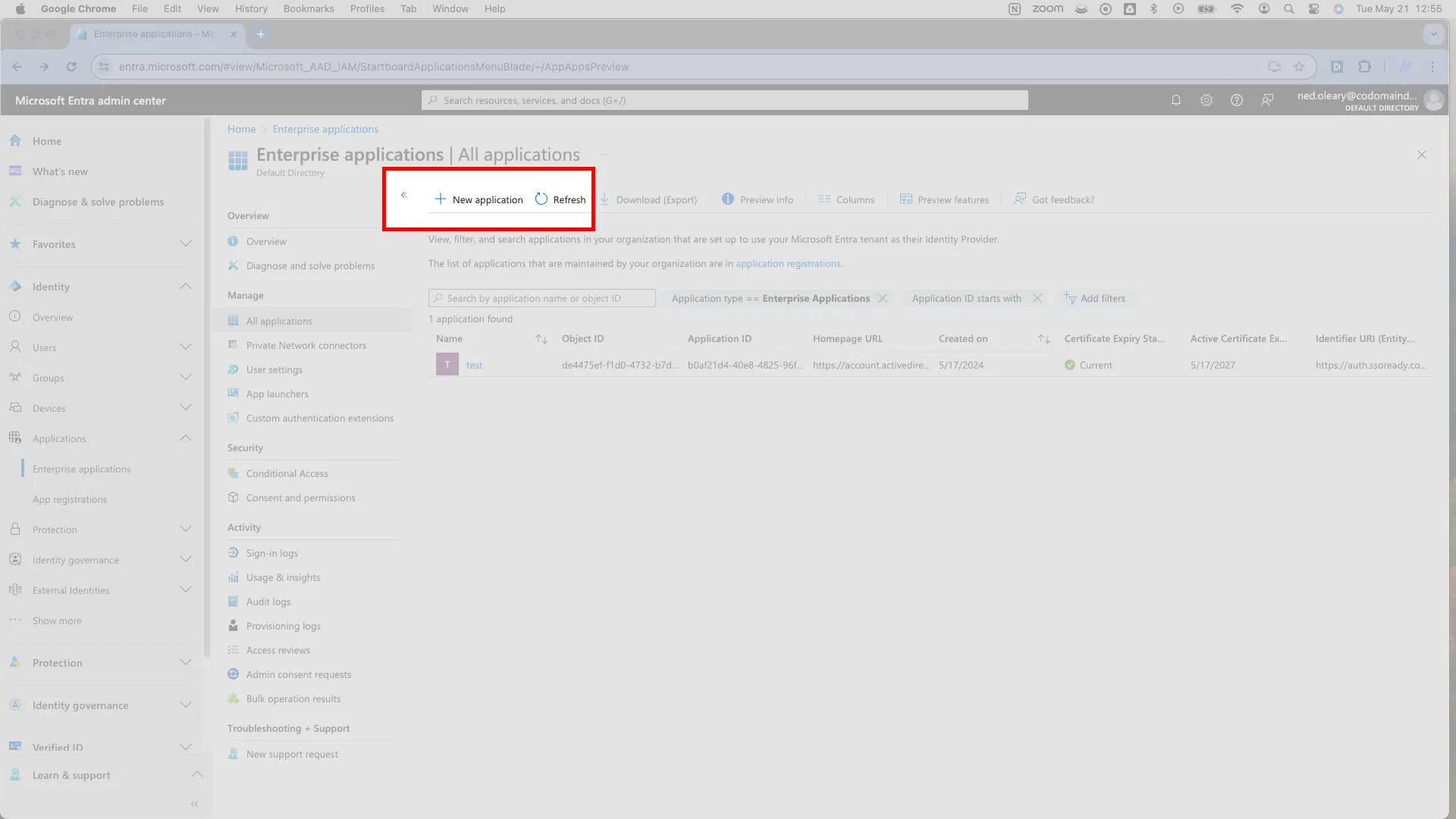 Enterprise applications page with the New application button