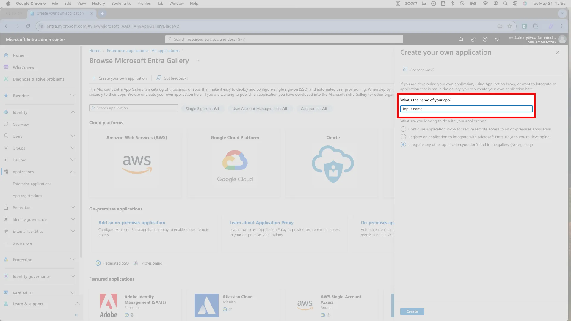 Slideover with the display name field for the new application