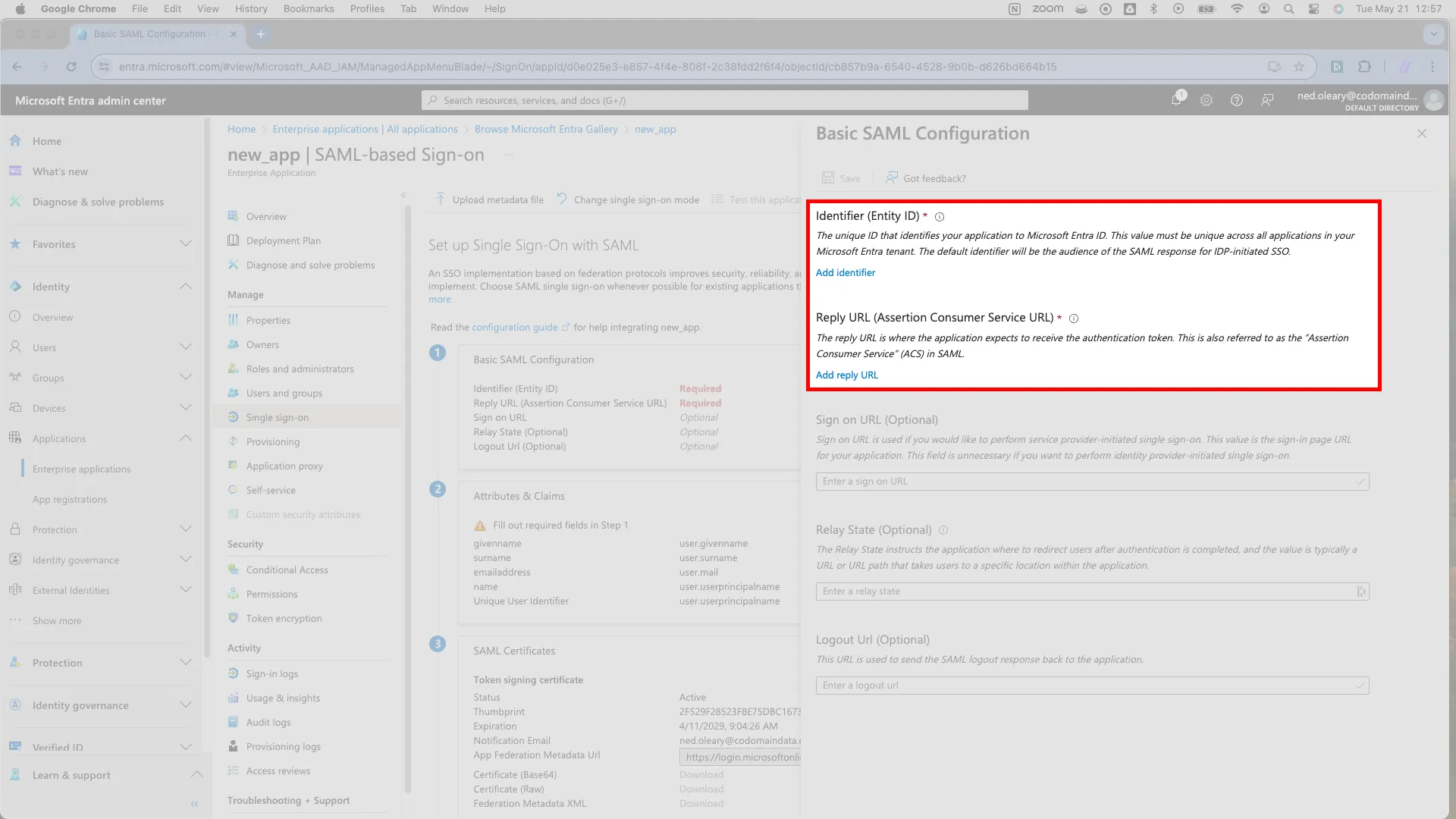 Slideover with the Identifier and Reply URL fields