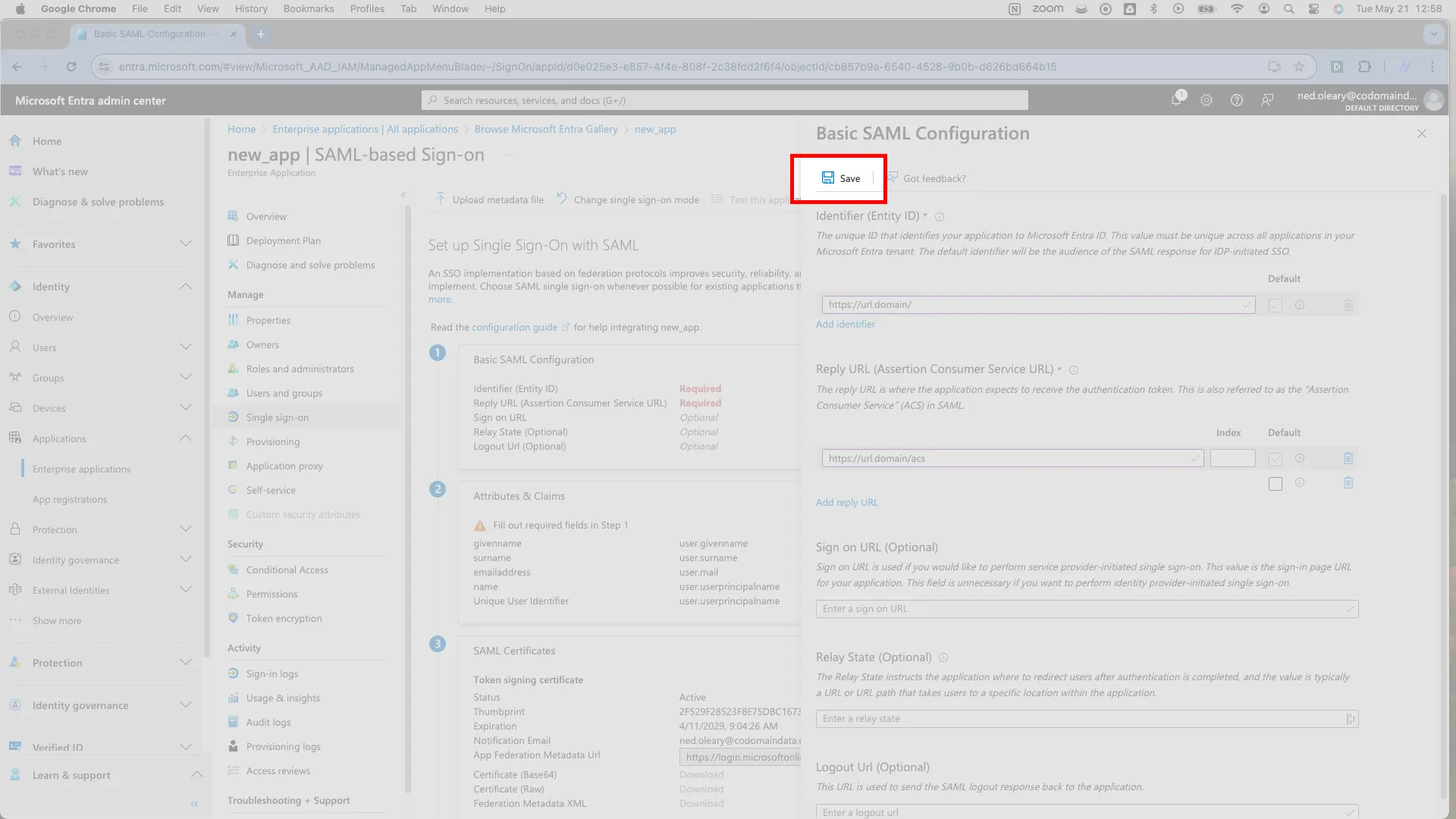 Save button at the top of the Basic SAML Configuration slideover