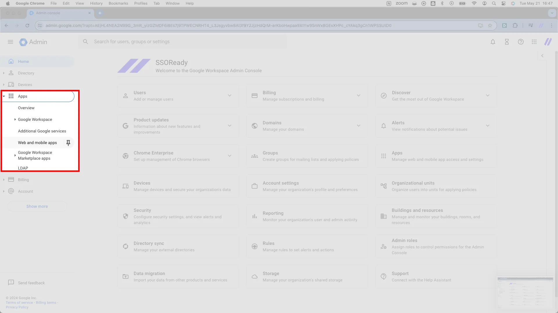 Google Workspace admin console with Apps > Web and mobile apps highlighted