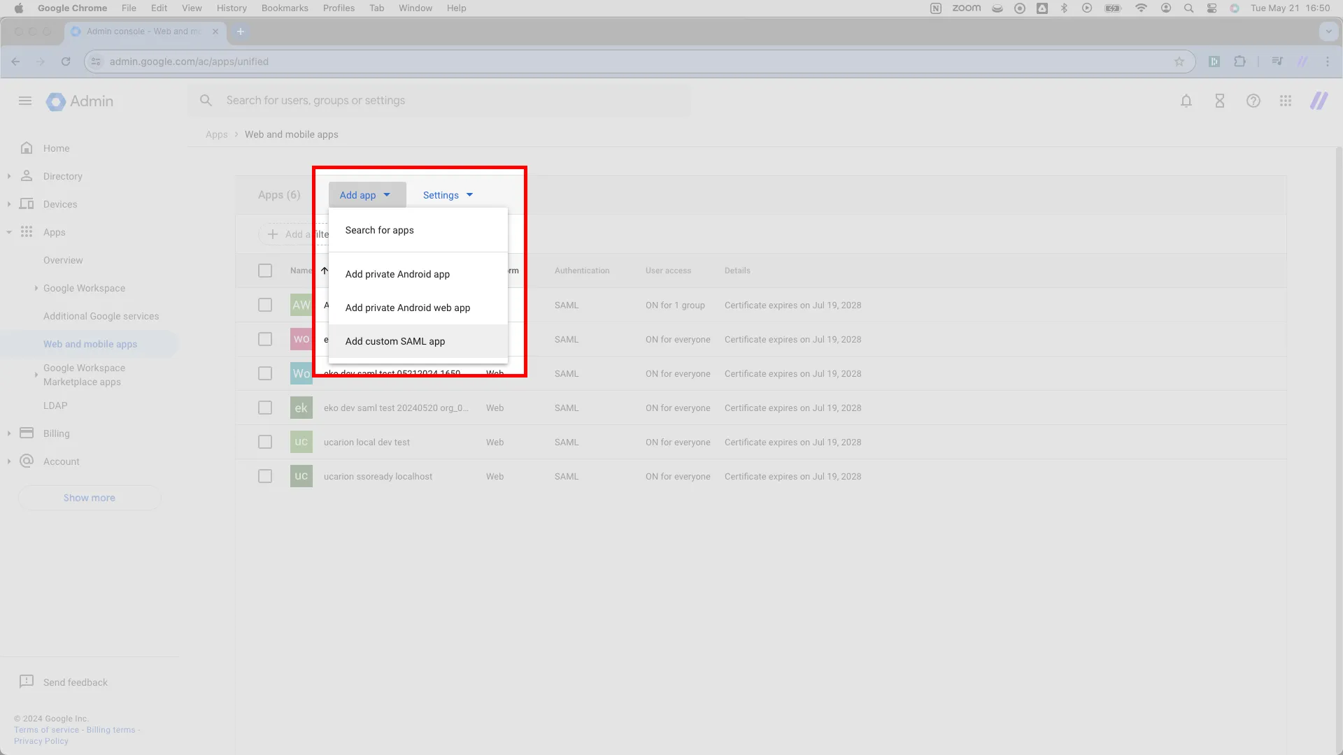 Web and mobile apps page with Add app > Add custom SAML app selected