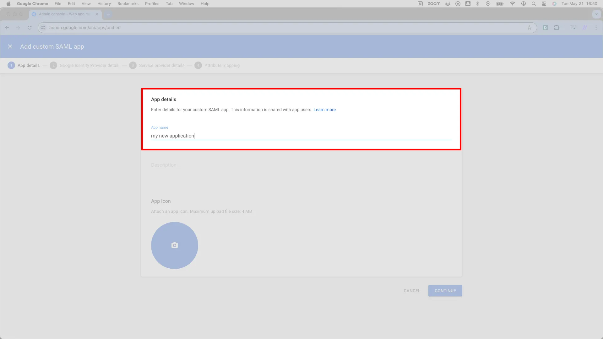 Add custom SAML app page with the App name field
