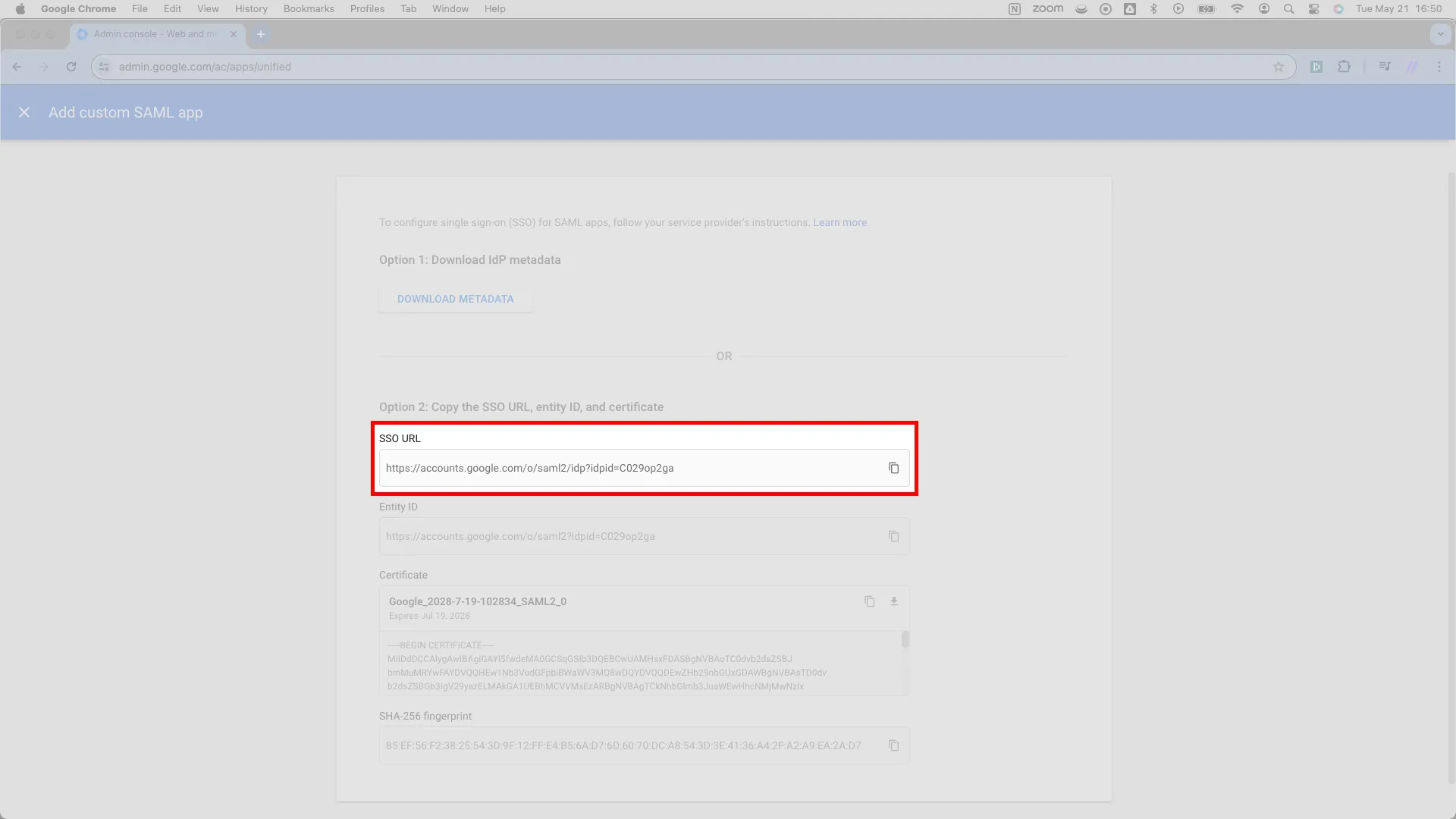 Google IdP details page with the SSO URL field