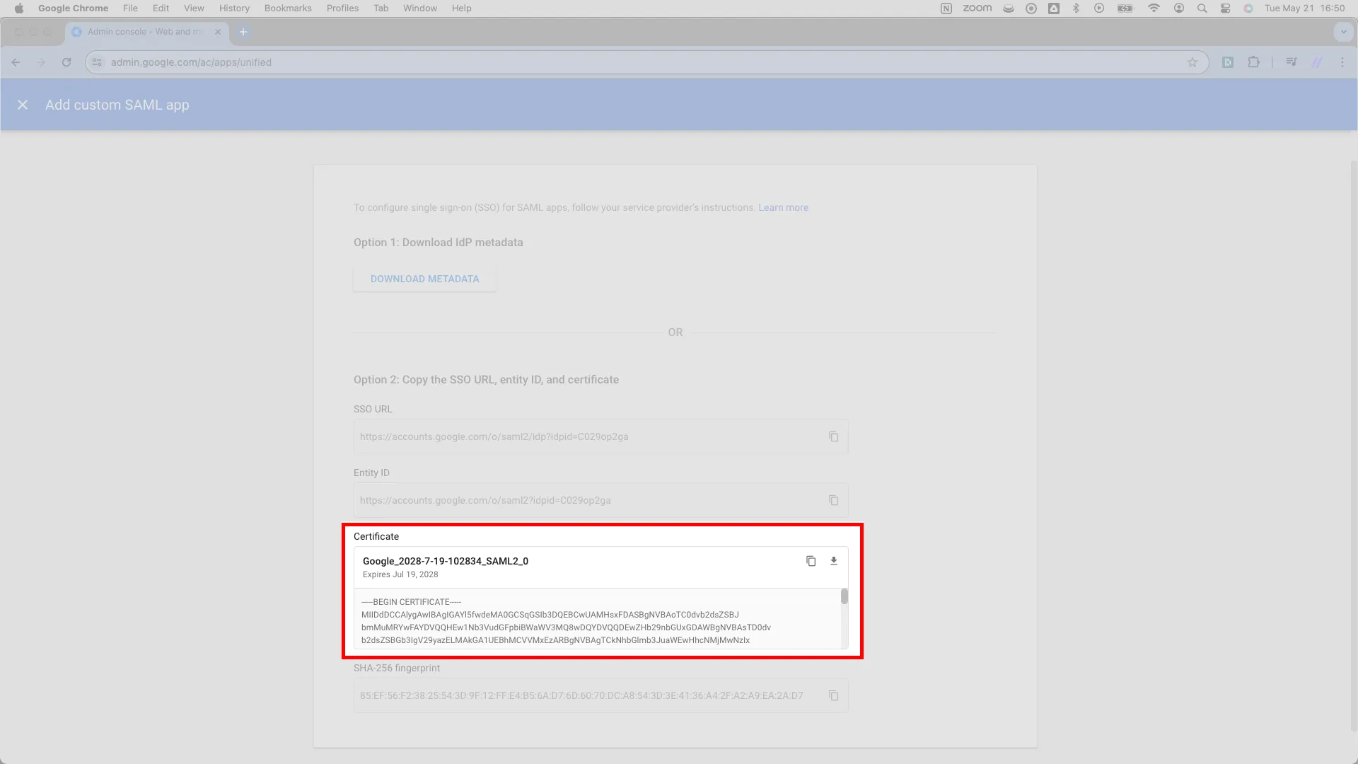 Google IdP details page with the certificate download icon