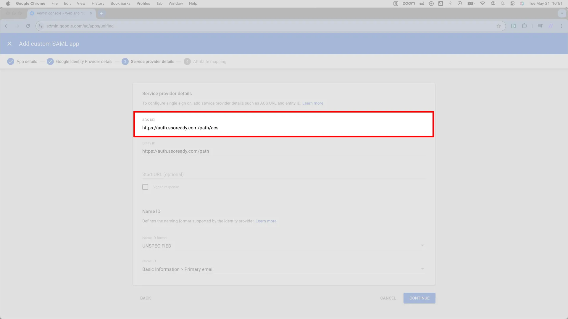Service provider details page with the ACS URL field