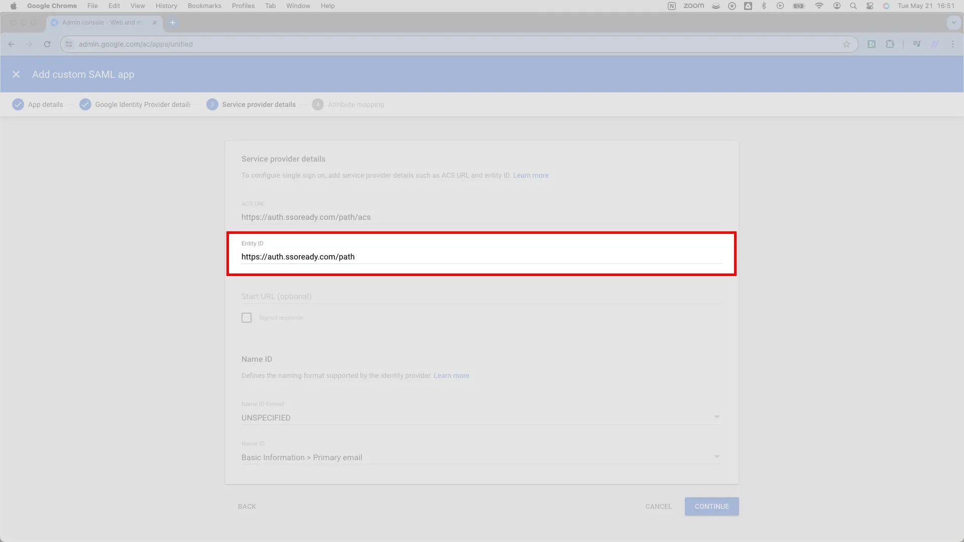 Service provider details page with the Entity ID field