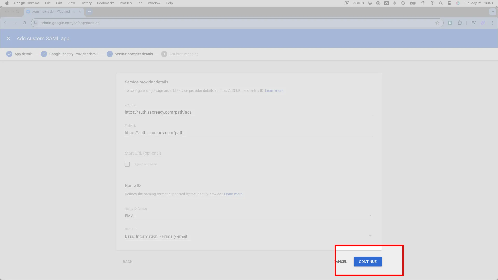 Service provider details page with the CONTINUE button