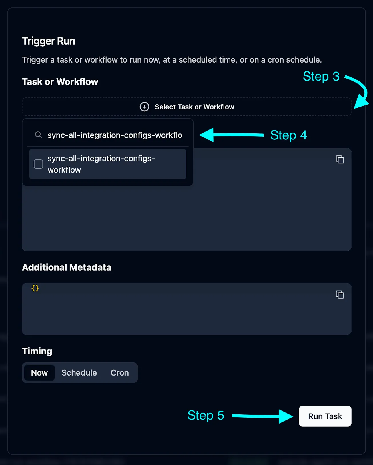 Selecting the sync-all-integration-configs-workflow