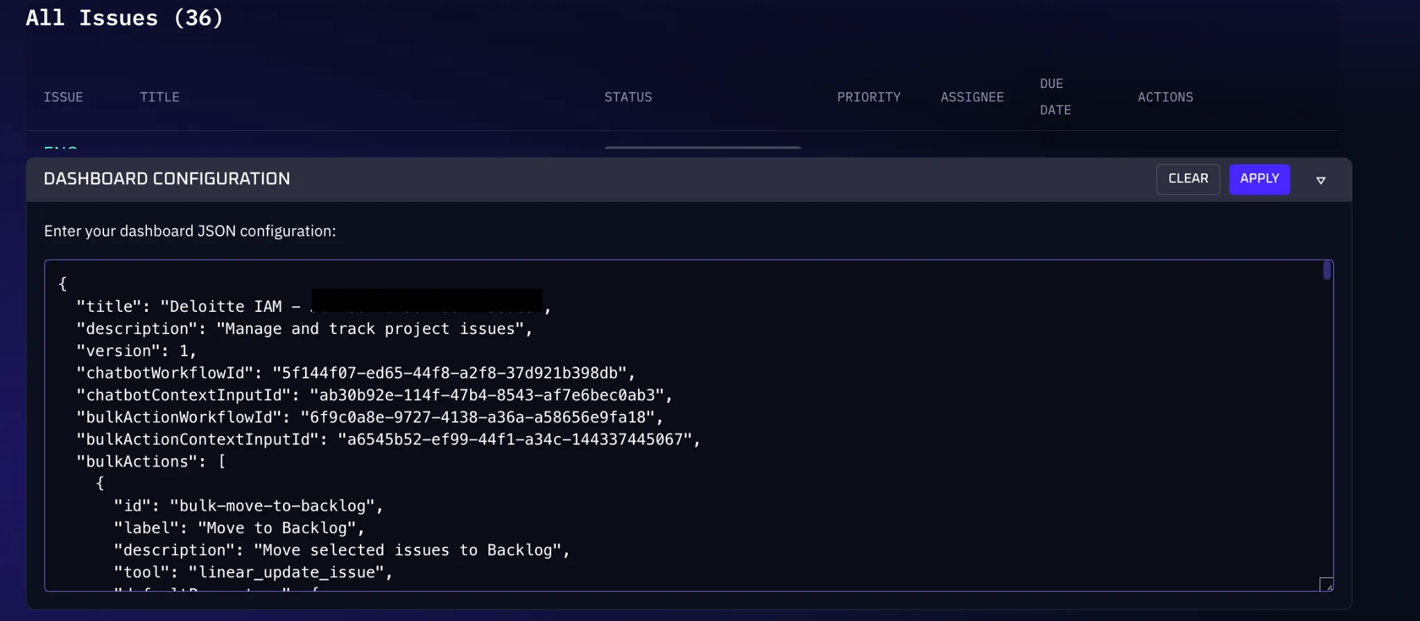 The JSON editor showing the raw dashboard configuration