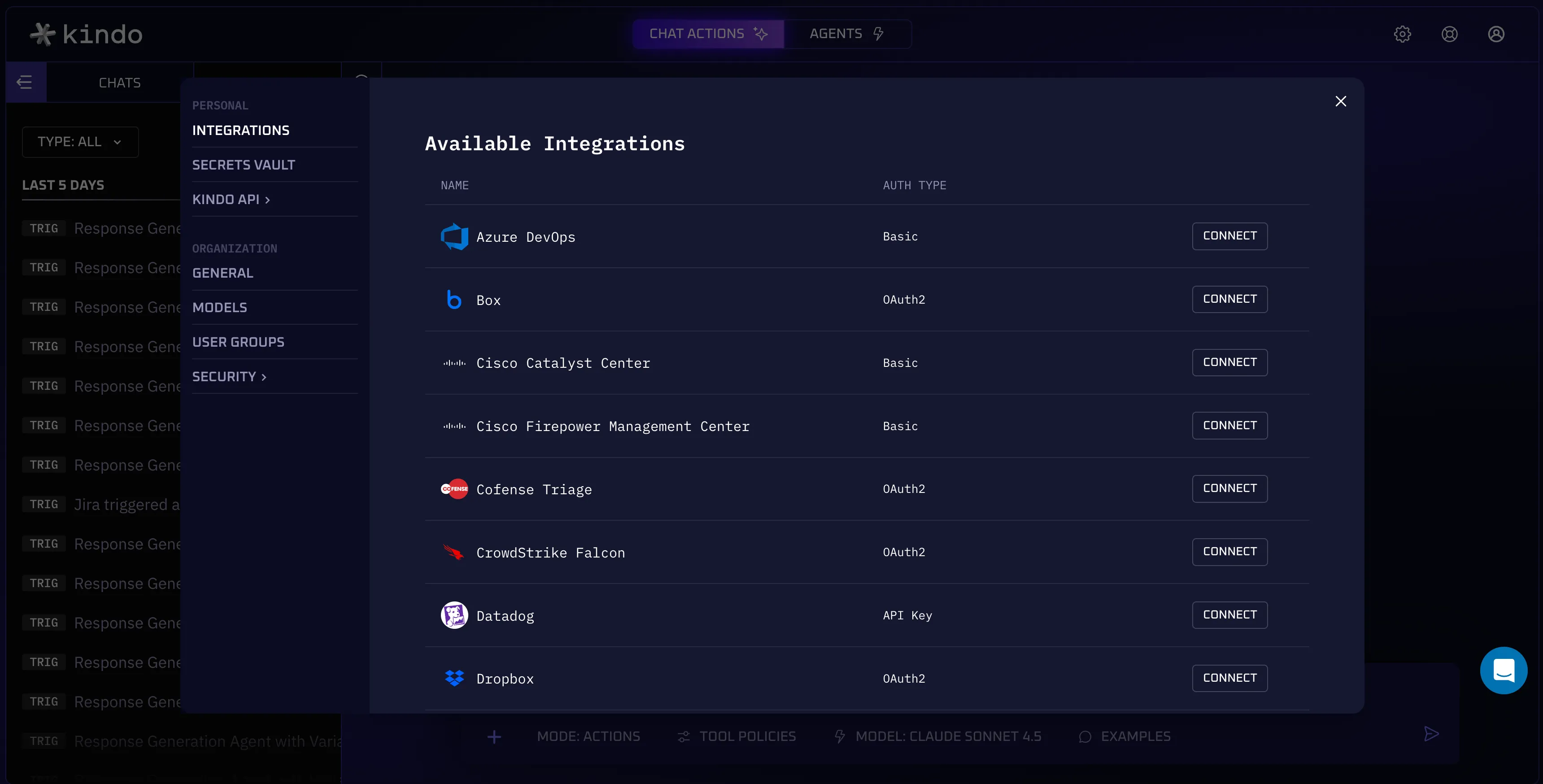 The Kindo integrations settings showing available API providers
