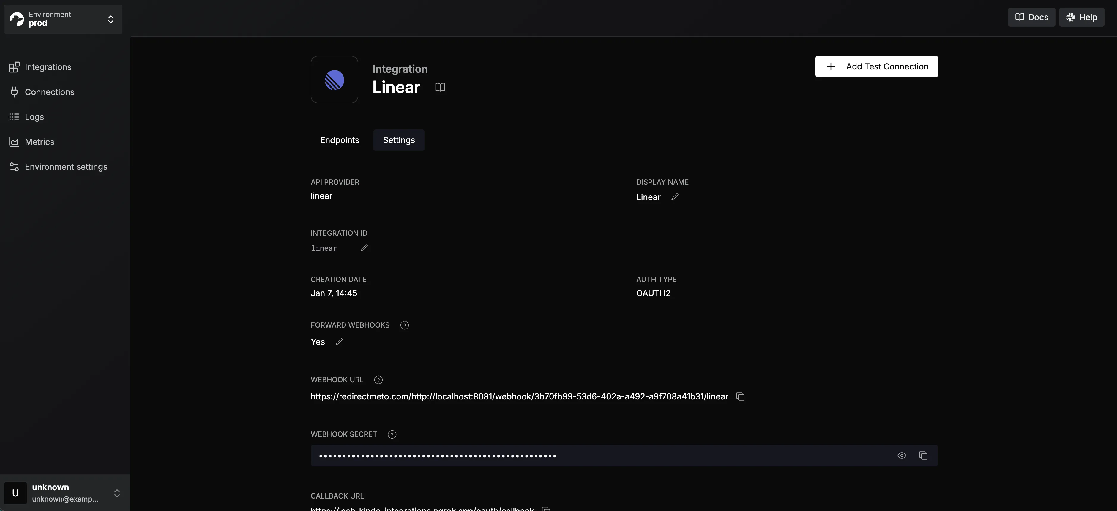 Linear webhook configuration in the OAuth app settings