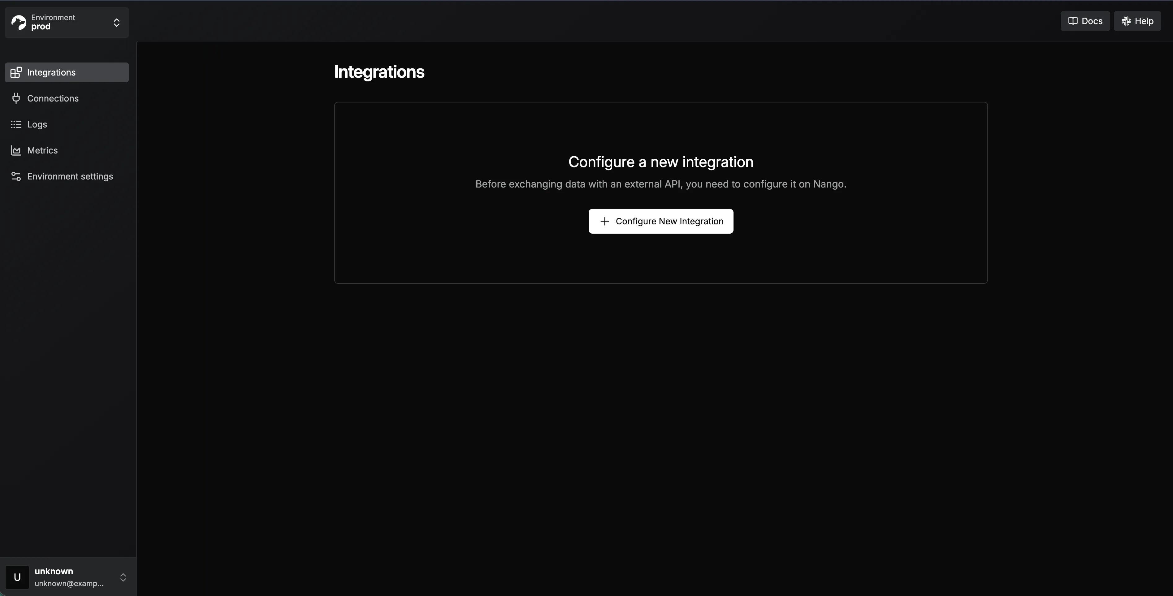 Nango dashboard showing integration configuration