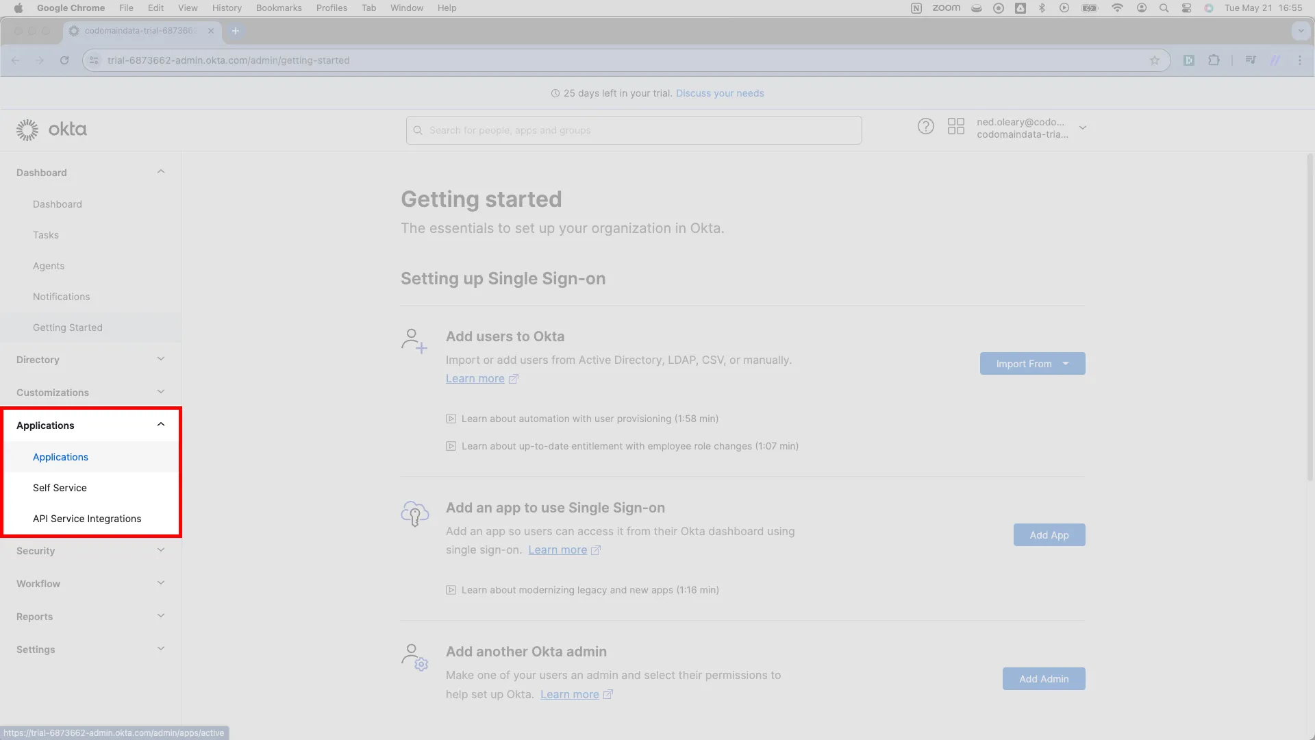 Okta left navigation panel with Applications > Applications highlighted