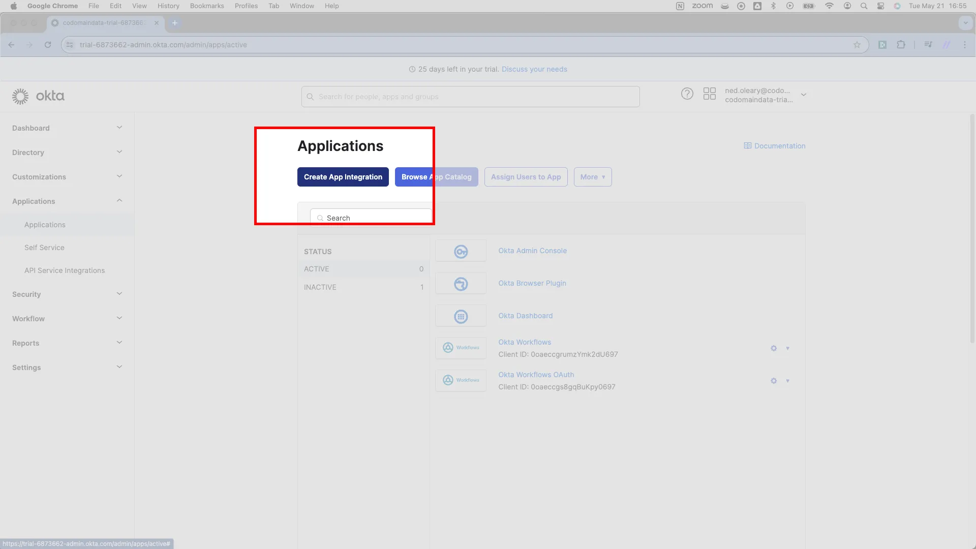 Applications page with the Create App Integration button