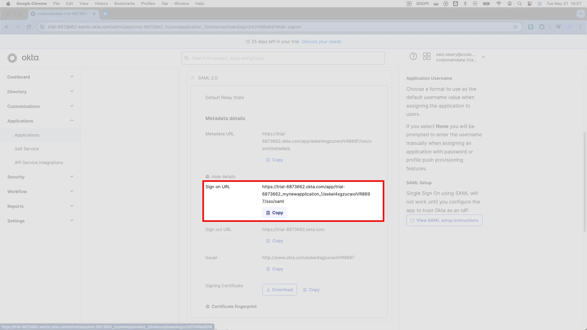 Expanded details showing the Sign on URL with its Copy button