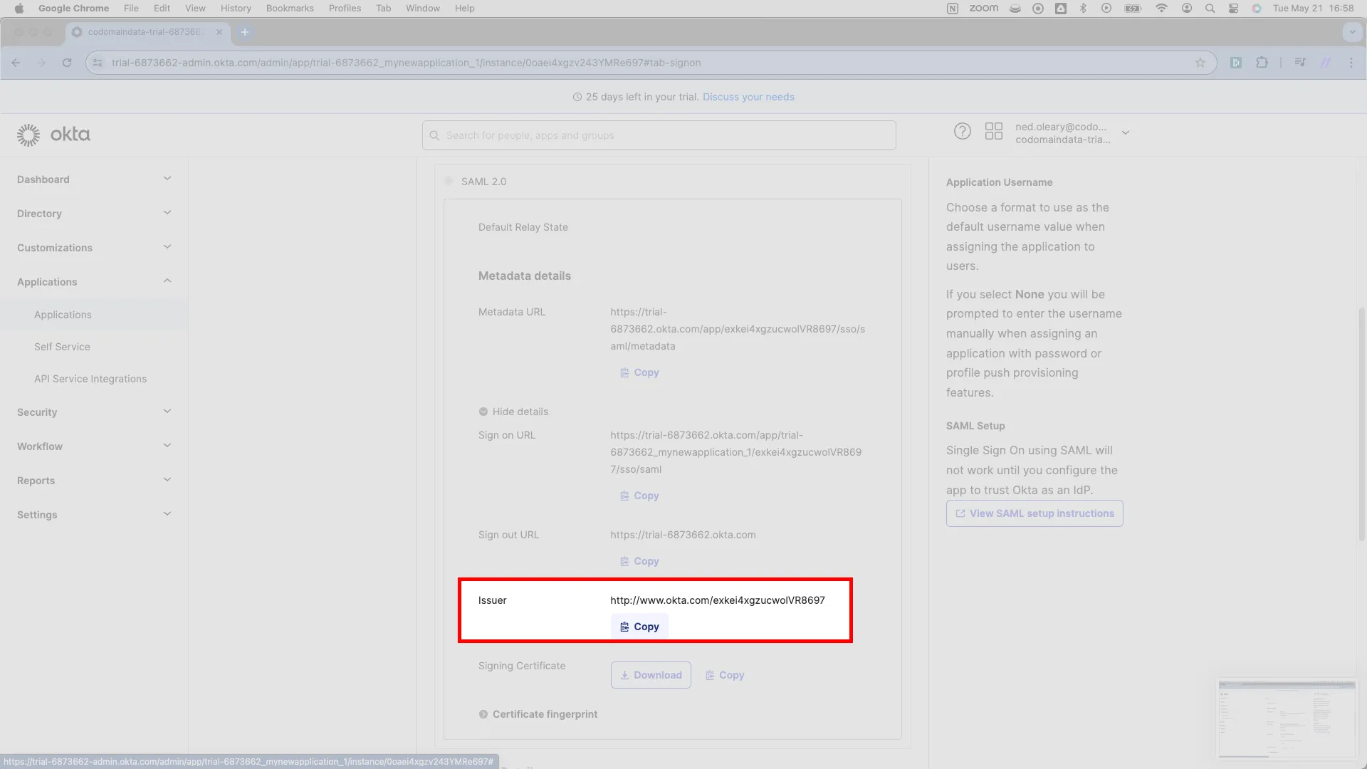 Expanded details showing the Issuer URL with its Copy button