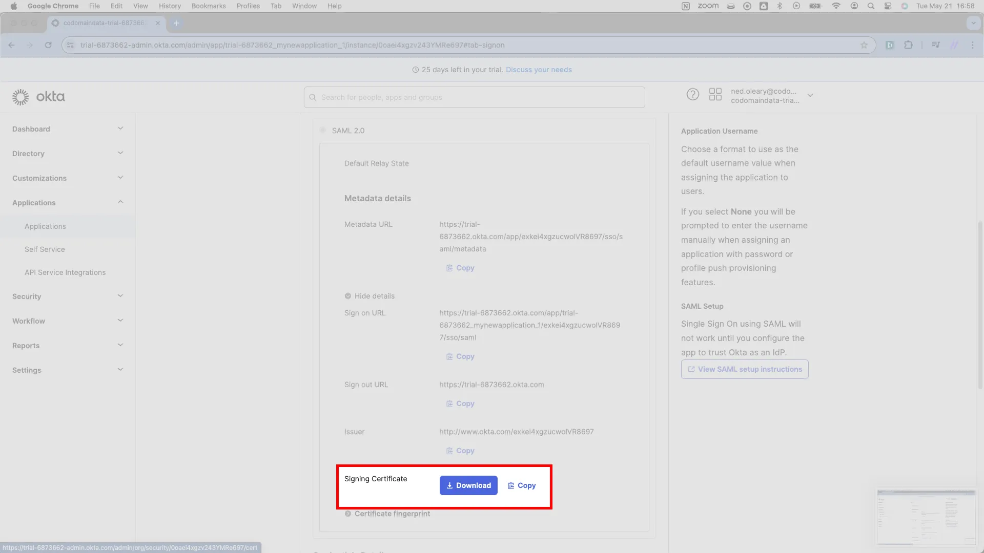 SAML Signing Certificates section with the Download button