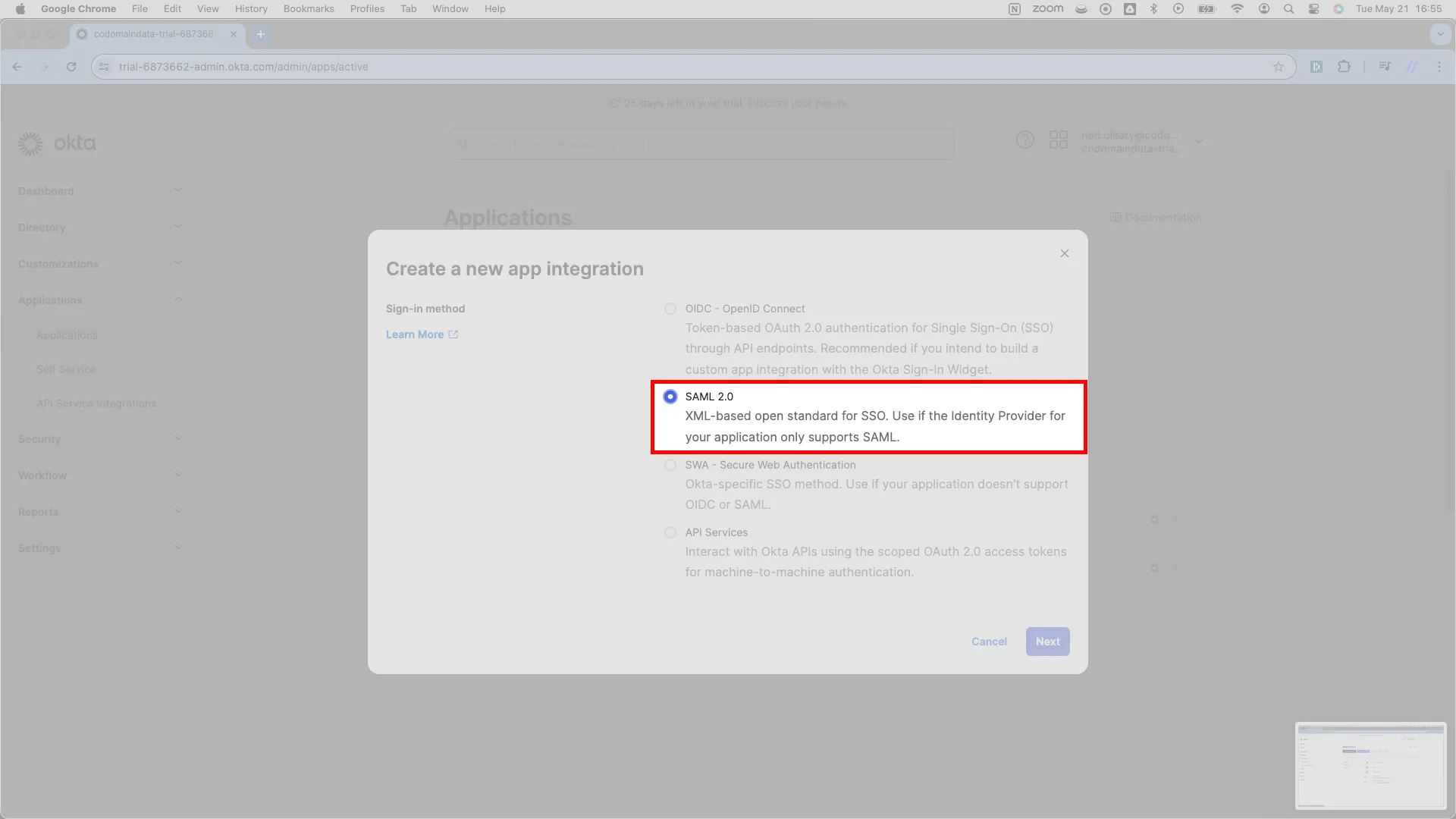 Sign-in method options with SAML 2.0 selected