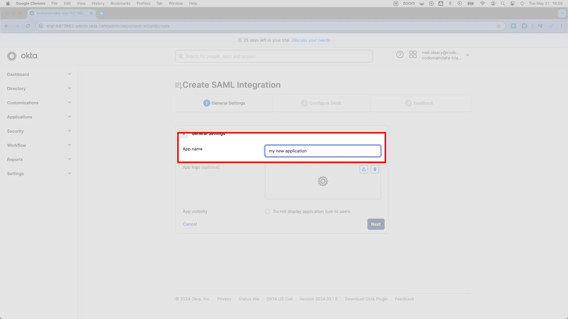 Create SAML Integration page with the App name field