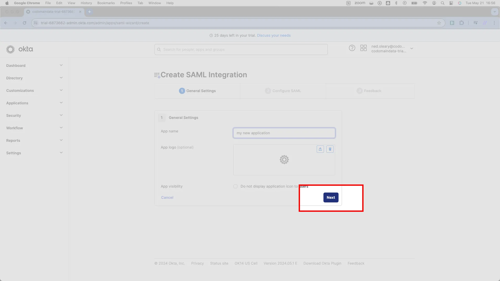 General settings page with the Next button