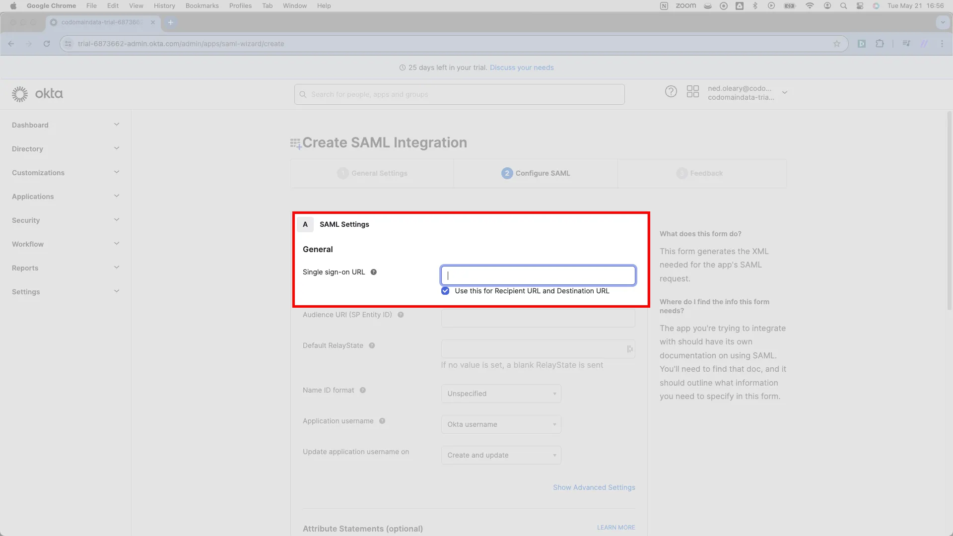 Configure SAML tab with the Single sign-on URL field