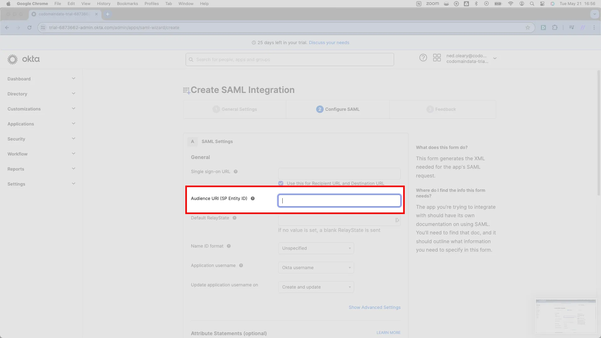Configure SAML tab with the Audience URI (SP Entity ID) field