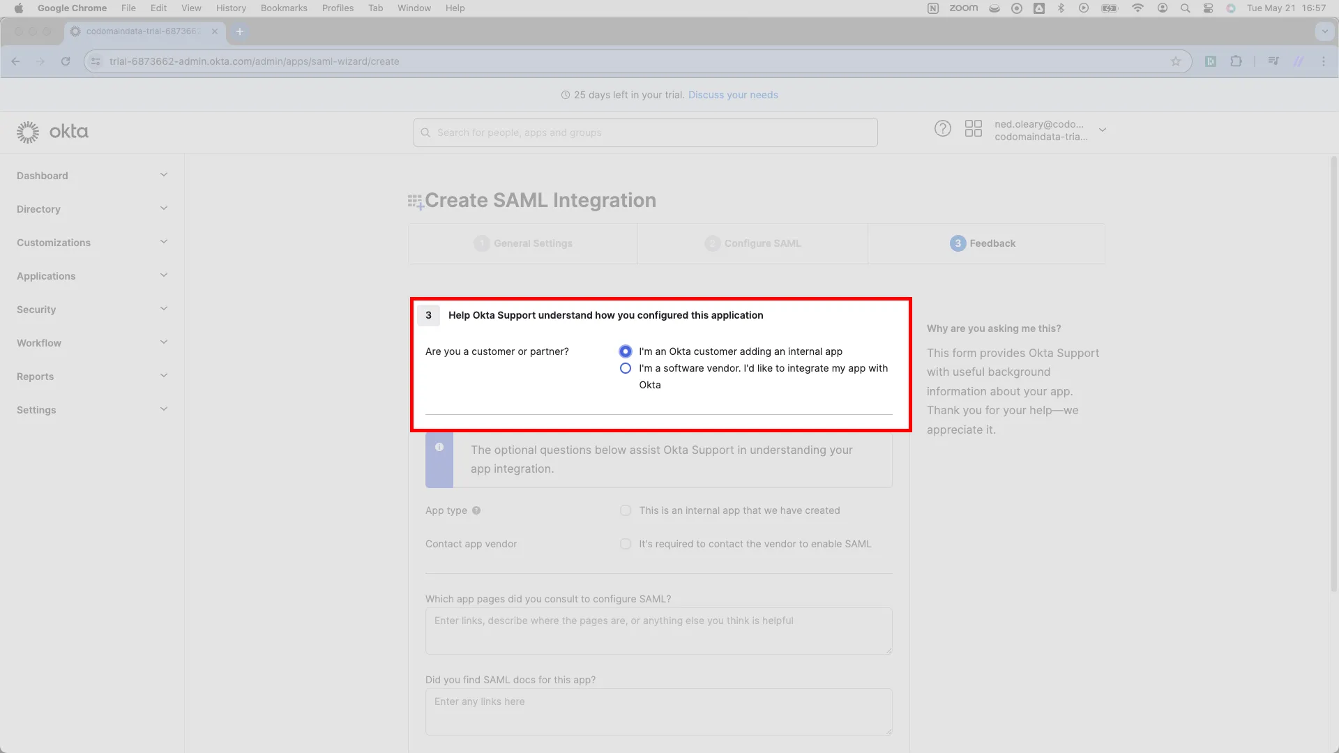 Feedback form with I'm an Okta customer adding an internal app selected