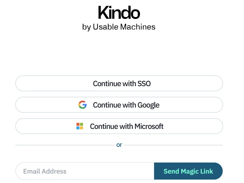 The Kindo sign-in screen with SSO, Google, Microsoft, and Magic Link options