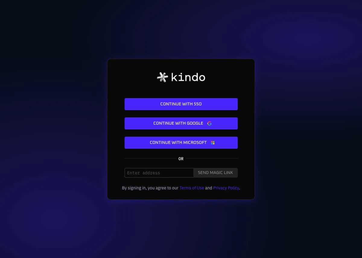 The Kindo sign-in screen with SSO, Google, Microsoft, and Magic Link options