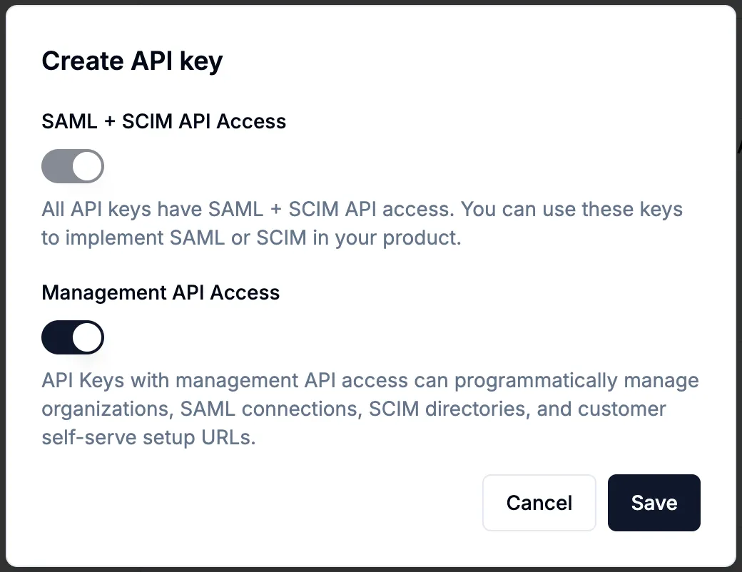 SSOReady API key management showing the key creation interface