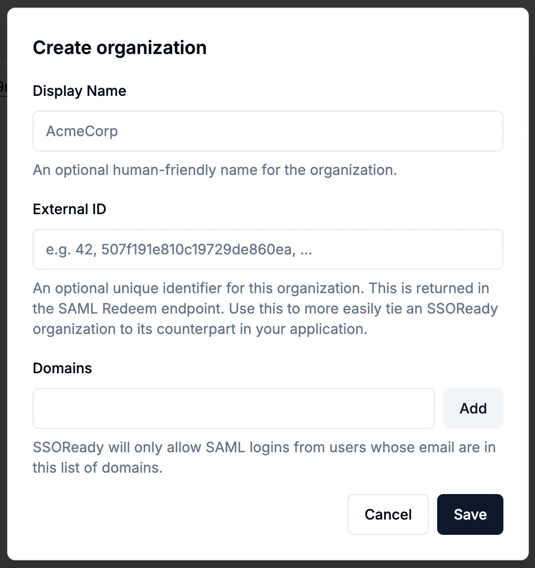 SSOReady organization configuration view