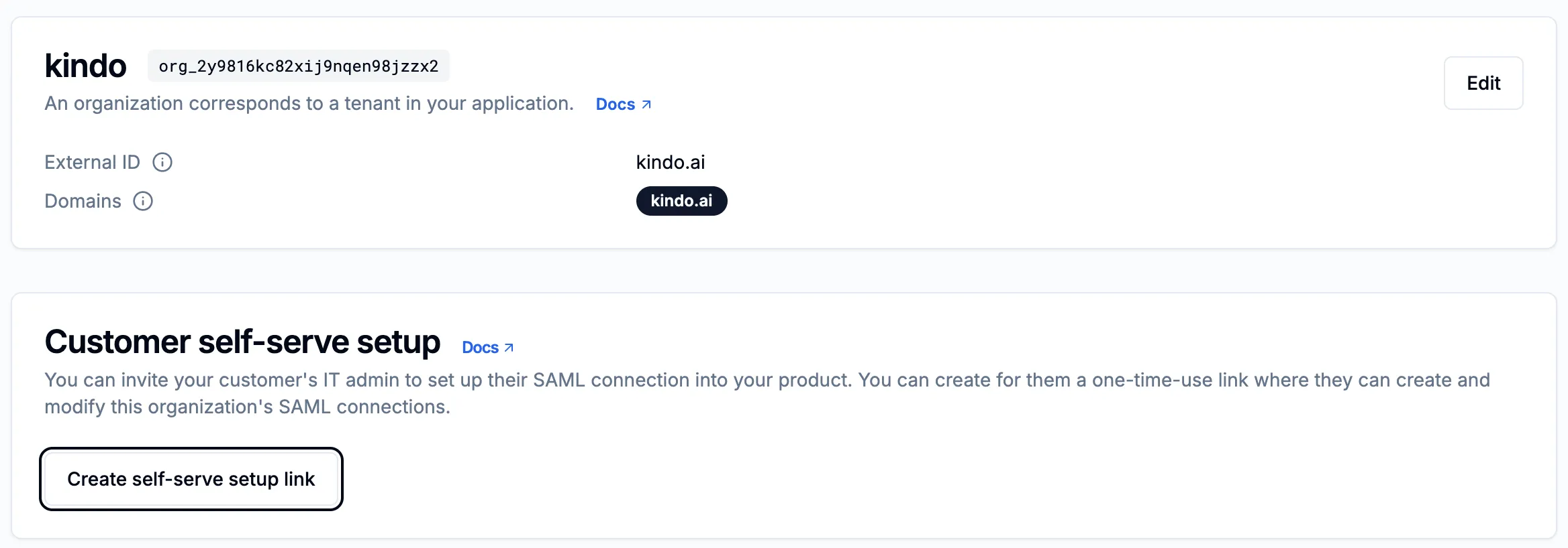 SSOReady dashboard showing the organization ID