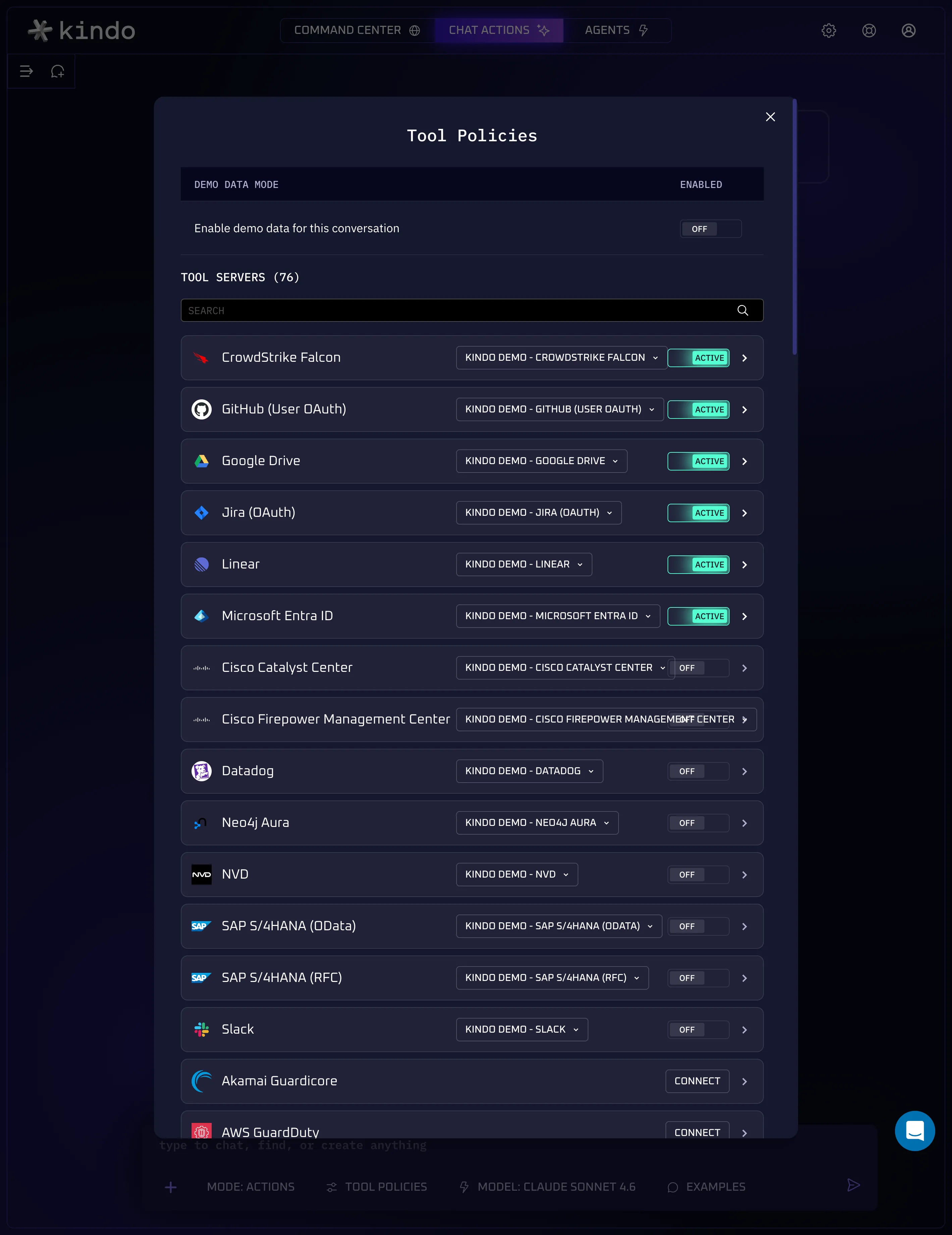 The Tool Policies panel showing available tool servers and their connection status
