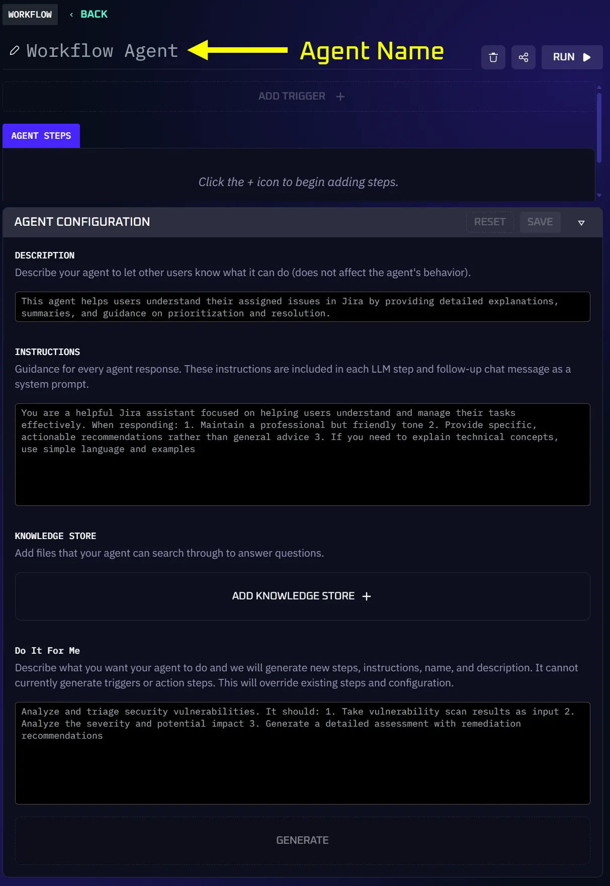 The Workflow Agent Configuration panel with Name, Description, Instructions, Knowledge Store, and Do It For Me fields